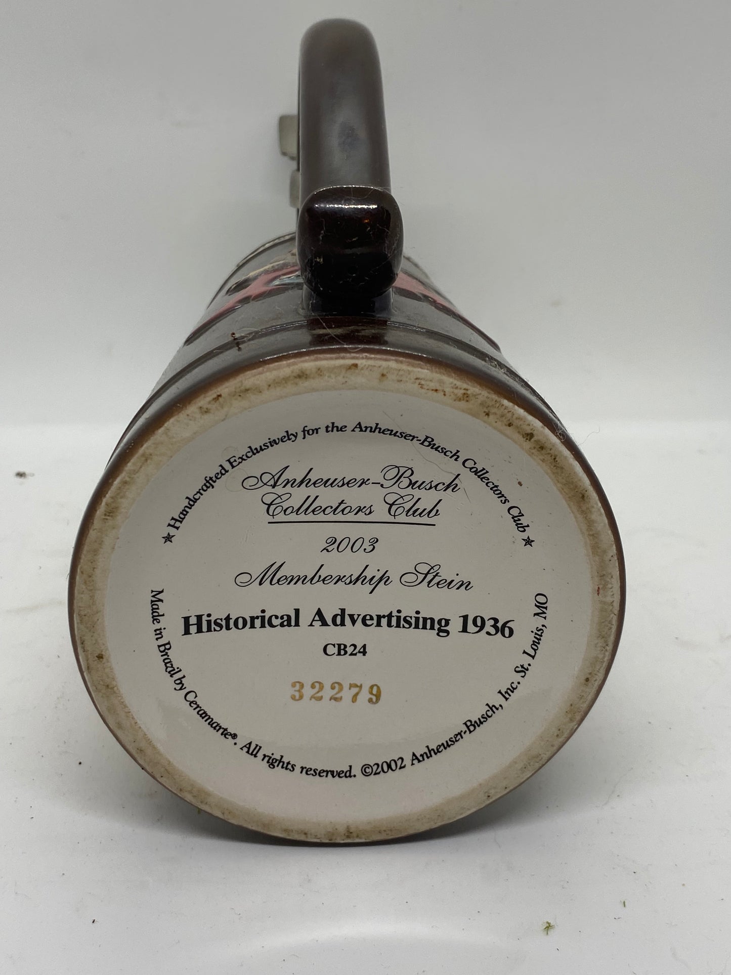 ANHEUSER-BUSCH COLLECTORS CLUB MEMBERSHIP STEIN HISTORICAL ADVERTISING 1936 CB24