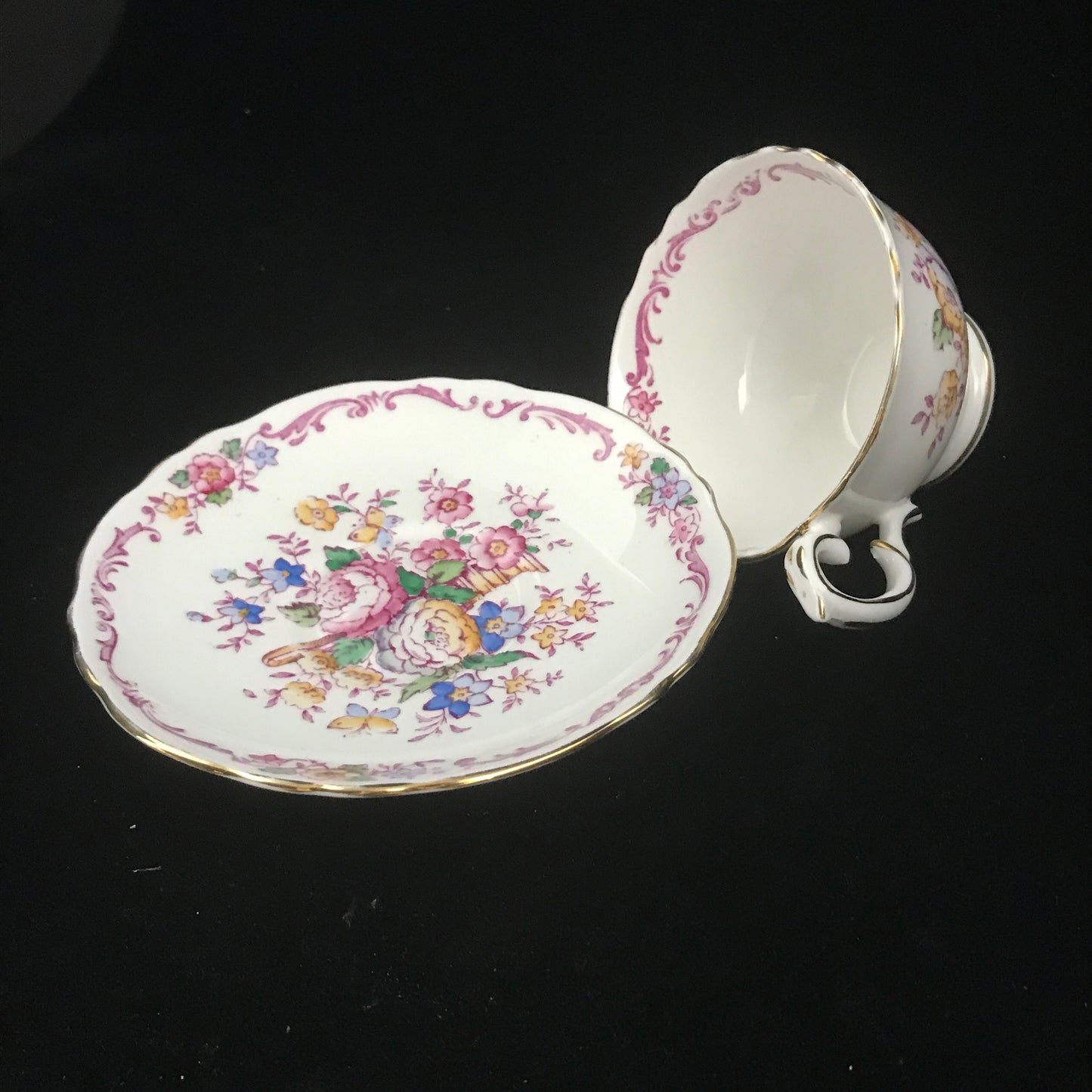 Vintage Decorative Crown Staffordshire, England Porcelain Teacup & Saucer