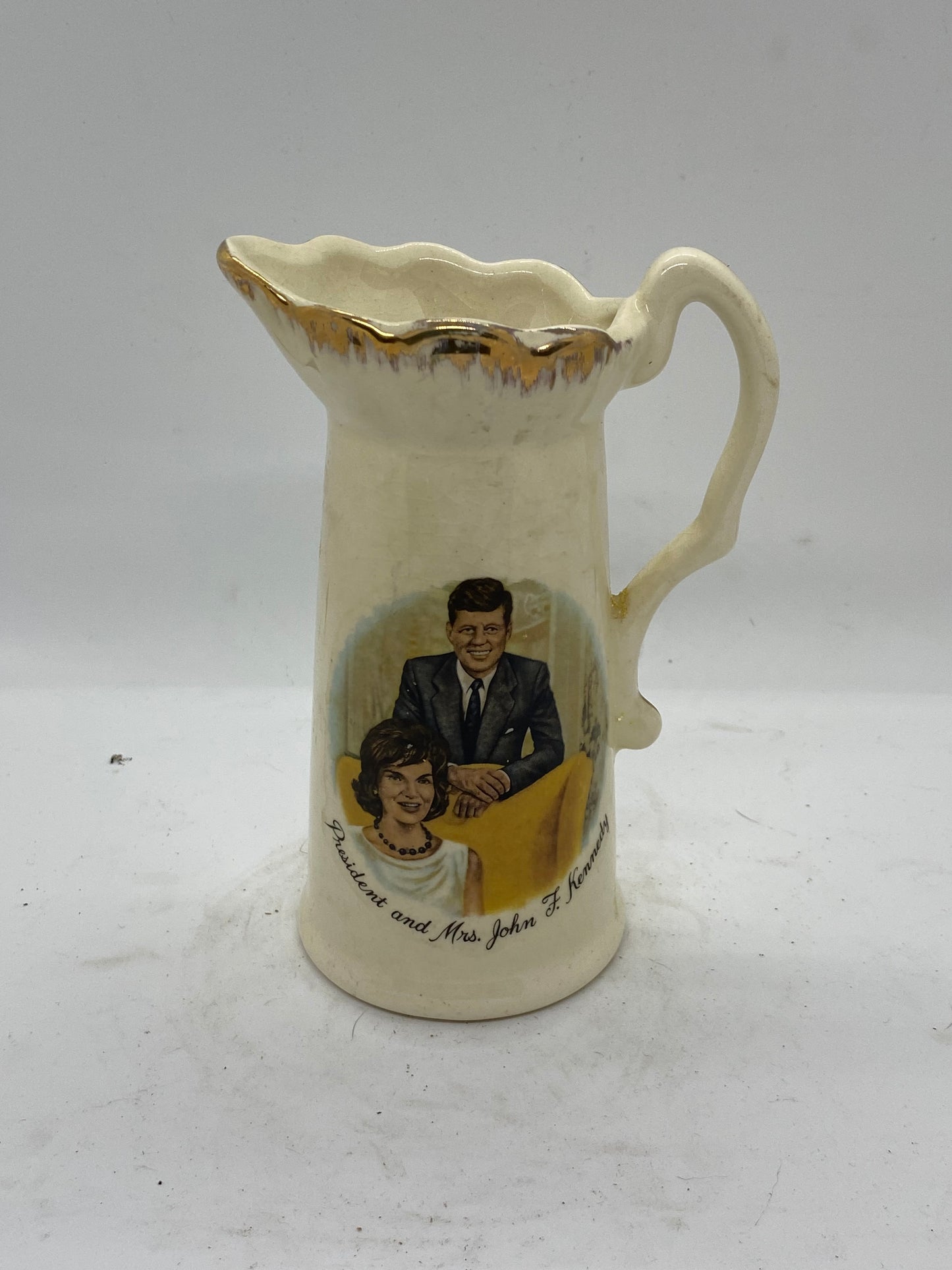 VINTAGE PORCELAIN PITCHER WITH JOHN F. KENNEDY AND JACKIE